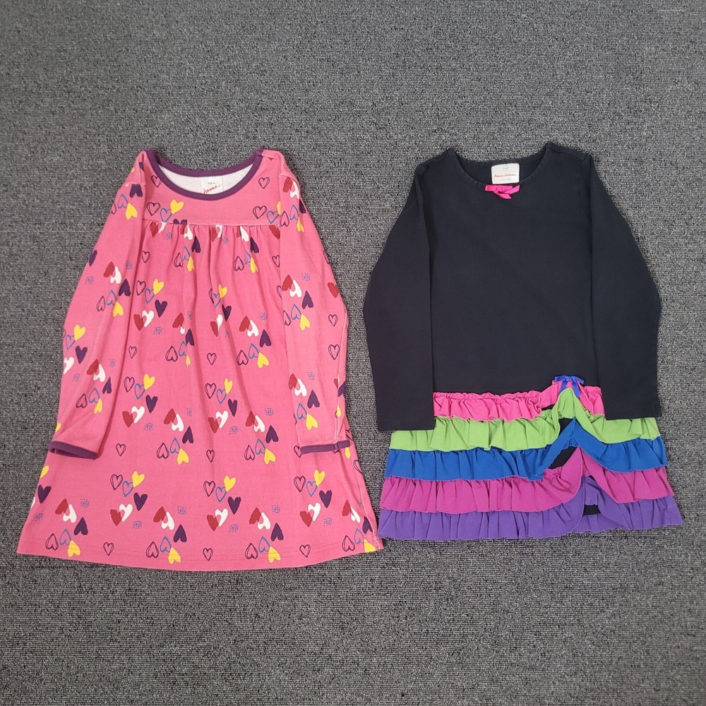 Hanna Andersson 110 5 Long Sleeve Dress‎ Lot Girls Heart Ruffle Navy Pink